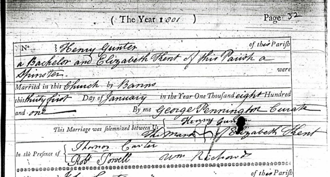 Henry Gunter Snr & Elizabeth Kent 1801 Marriage (Courtesy Roger Connell)  (1891 KB)
 
(image courtesy Roger Connell - Ancestry)
(Click on Picture to View Full Size)
